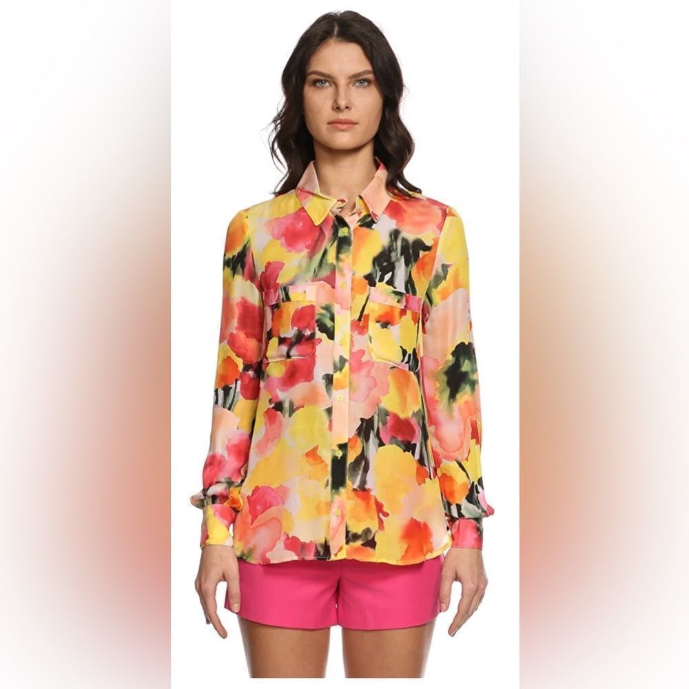 Haute Hippie Vibrant Floral Button  silk Down Shirt, S